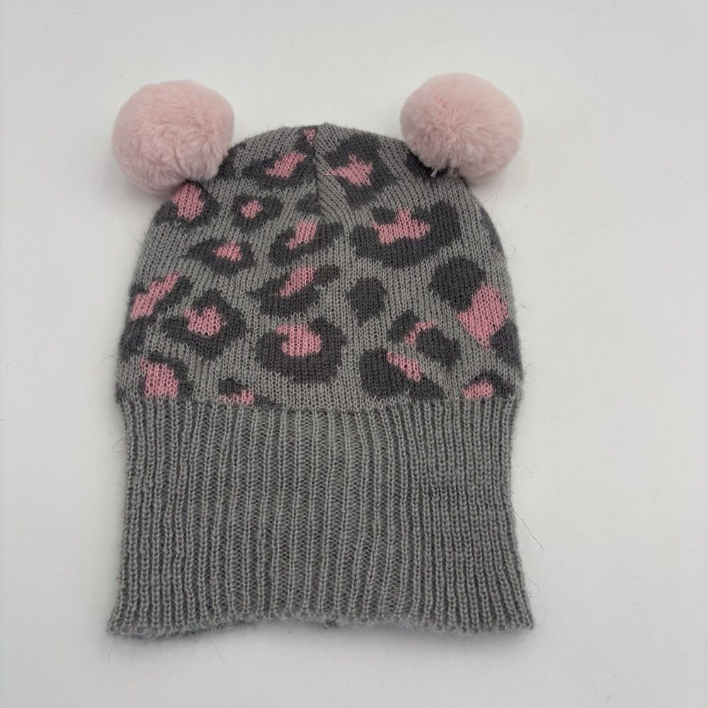 Womens Gray Pink Leopard Beanie Disney Minnie Mouse Inspired Double Pom Winter H